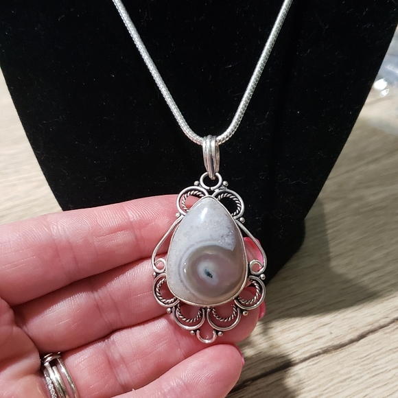 Men's Multi Color Botswana Agate Silver Necklace - Picture 6 of 10